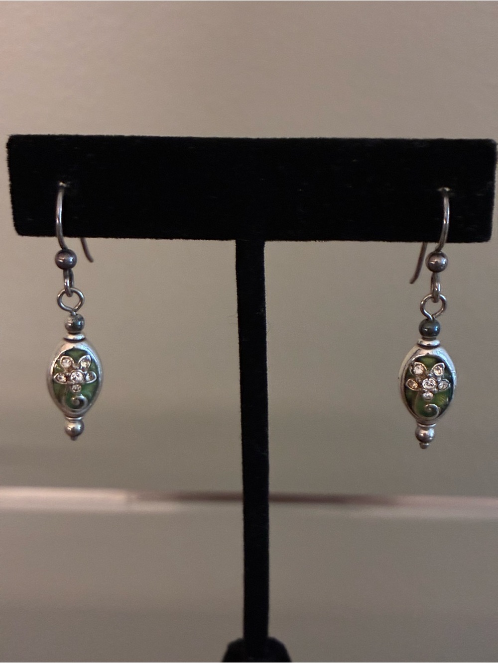 Brighton Silver-Tone Green Enamel Drop Earrings with Crystal Flower Accents